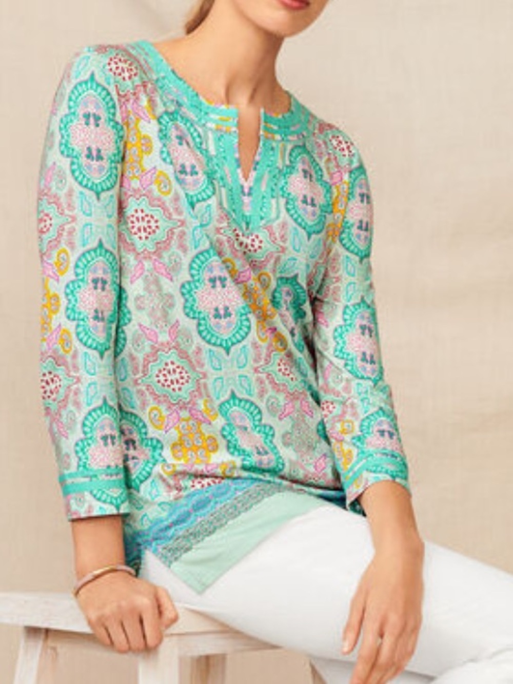 Talbots Teal Pink Mustard Moroccan Medallion Split-Neck Tunic | Size XL